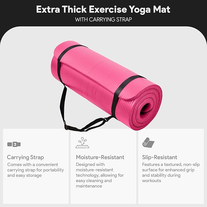 BalanceFrom Yoga Mat, 1-Inch Extra Thick High Density Exercise Mat, Anti-Tear Exercise Yoga Mat with Carrying Strap, Suitable for Various Yoga Exercises, Multiple Colors