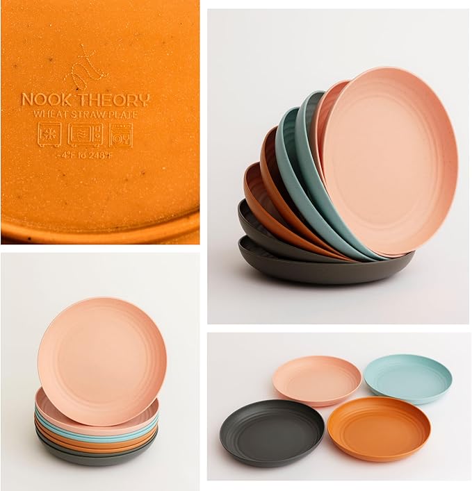 Nook Theory Reusable Wheat Straw Plates 8 Pcs - Non Toxic Kids and Toddler Plate, Microwavable, Dishwasher Safe and Unbreakable Dinnerware (Oasis 9")