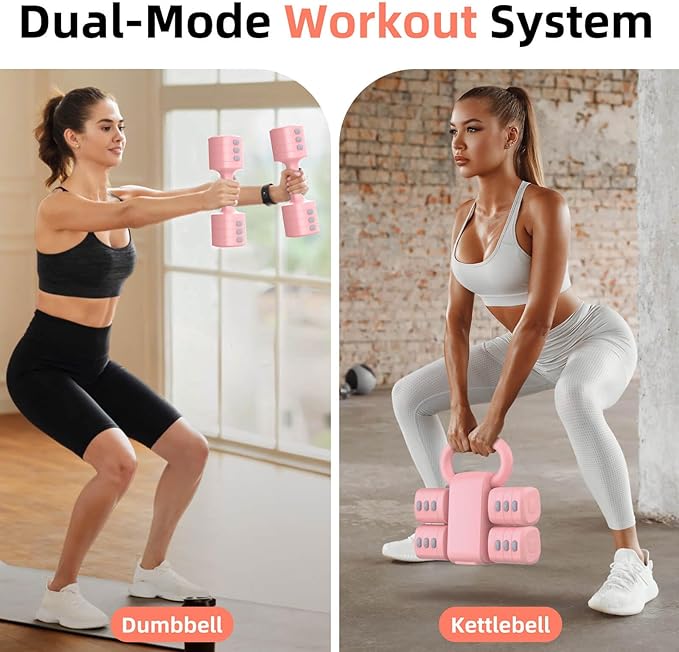 2-in-1 Adjustable Dumbbell Set, Upgraded 4 Levels Hand Weights for Women Men, Each 2.2/3.3/4.4/5.5lb, Convertible Weights Dumbbells and Kettlebell Set for Home Gym Exercise & Fitness