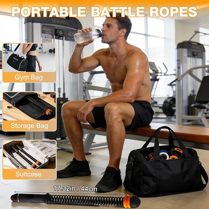 Cordless Battle Ropes with Adjustable Resistance Springs, Weighted Ropeless Battle Rope for Home Gym with Storage Bag, Portable Workout Equipment for Strength Training for Men & Women (Black)