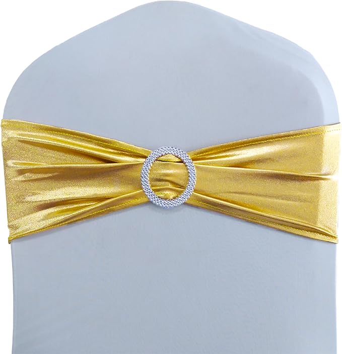 Pack of 50 Spandex Bronzing Gold Chair Sashes for Wedding - Metal Gold Chair Bows Bands Fitting Birthday Party Anniversary Bridal Shower Event Decorations