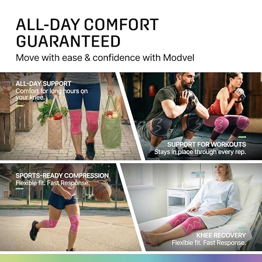 Modvel 2 Pack Knee Brace for Women & Men - Knee Support for Walking, Knee Compression Sleeves for Pain Relief, Knee Sleeves for Women, Knee Sleeves for Men, Knee Brace for Sports, Workouts & Arthritis
