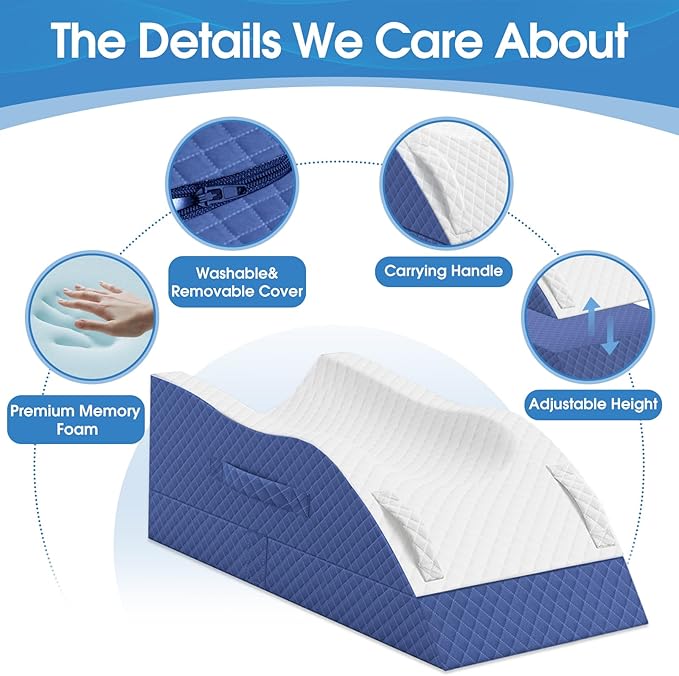 TranquilRelax Elevation Pillows for Leg After Surgery, Memory Foam Adjustable Leg Wedge Pillow for Injury or Rest, Ankle Pillow for Sleeping Blood Circulation Blue