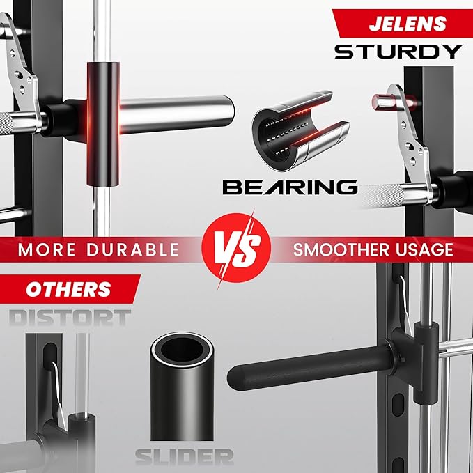 JELENS SR01 Smith Machine, 2000LBS Multi-Function Power Cage with LAT Pulldown System, All-in-One Home Gym Squat Rack with Smith Bar and Training Attachments for Full Body Workouts
