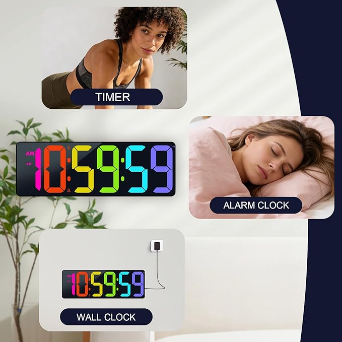 TXL 17.2" Bluetooth Digital Wall Clock with Seconds, Large Countdown Timer for Classroom Home Gym Kitchen Office, Alarm Clock with Remote Control, 4 Dimmable Brightness, Auto DST (RGB)