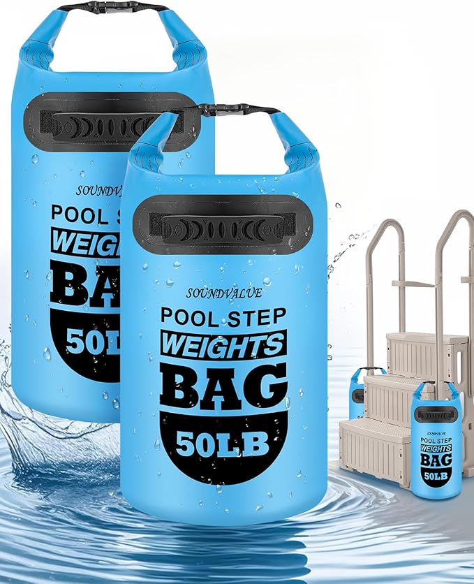 2 Pack 50lb Heavy Duty Pool Ladder Weights, Sand Fillable Universal Sand Bags Step Anchors, 500D PVC Durable Waterproof & Foldable Sandbags for Above Ground Swimming Pools Stair, with Handle(Sky Blue)