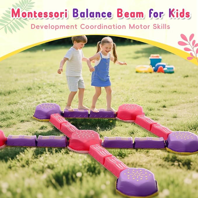 18 Pieces Non-Slip Balance Beam Stepping Stones for Kids 3 Years + Stackable Obstacle Course Balance Board for Toddlers Thicken Plastic Hold up 220LBS Indoor Outdoor Sensory Toy