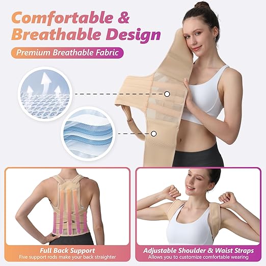 Posture Corrector for Women and Men, Adjustable Shoulder Straightener with Full Back Support, Relief for Lower & Upper Back Pain, Spine, Scoliosis Relief (Beige, Small)
