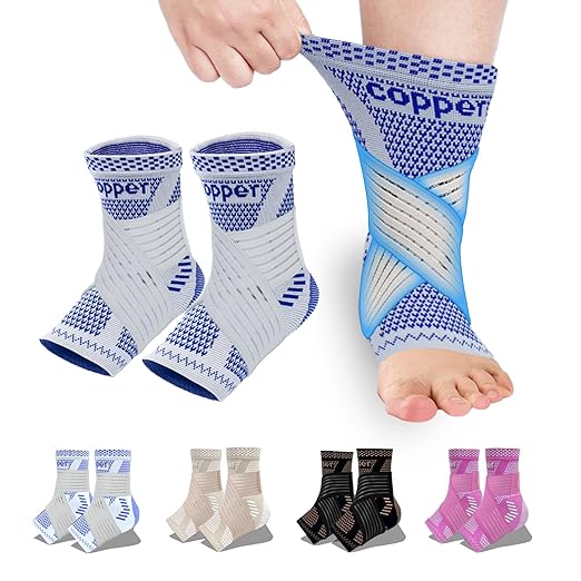 LISEPWU Copper Ankle Brace with Adjustable Compression Bandage, Ankle Support Compression Sleeve for Men & Women, for Foot Pain, Sprained Recovery, Achilles Tendonitis, Sports Protection(Blue S)