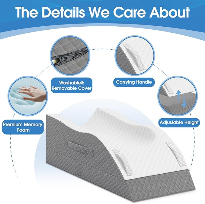TranquilRelax Elevation Pillows for Leg After Surgery, Memory Foam Adjustable Leg Wedge Pillow for Injury or Rest, Ankle Pillow for Sleeping Blood Circulation Grey
