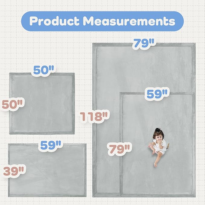 1.5" Thick Baby Play Mat for Floor Tummy Time, 50"x 50" Pro Soft Baby Activity Playmats Playroom, Easy Care with Non-Slip Safe for Infant Toddler Kids Crawling(Light Grey)