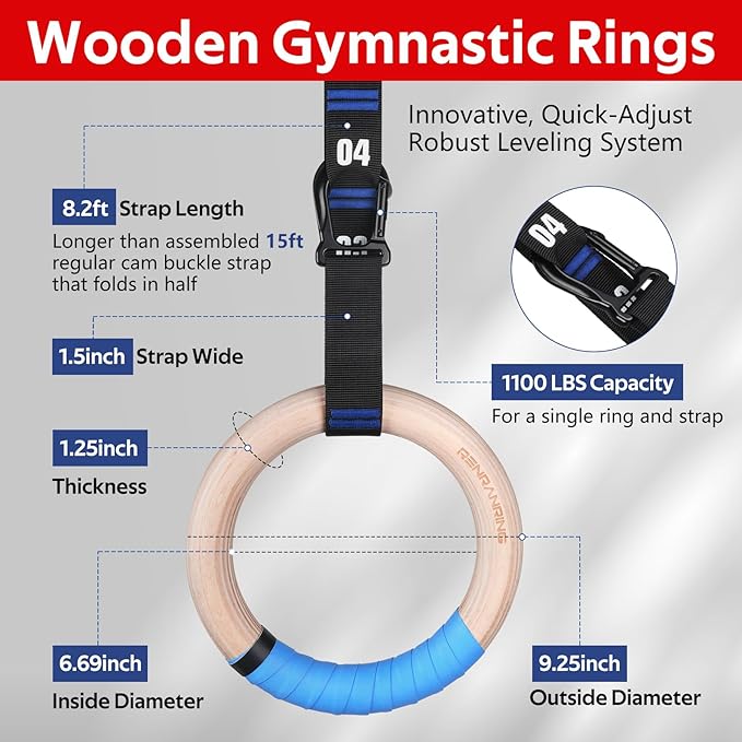 RENRANRING Gymnastic Rings Wooden Gym Rings 1.25'' Exercise Rings with Quick Adjust Numbered Straps, Olympic Rings for Home Gym Training, Workout, Calisthenics, Pull Up