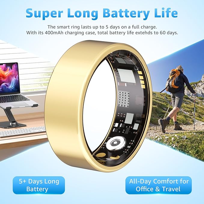 Smart Ring Health Tracker for Women & Men, Fitness Ring with Heart Rate Blood Oxygen, Sleep Monitor, Step Tracker, IP68 Waterproof Compatible with iOS & Android, No Subscription Fee (Gold, 11)