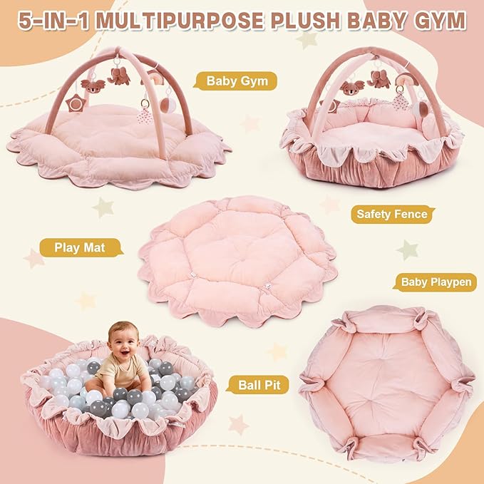 5-in-1 Baby Activity Gym & Play Mat with 6 Hanging Toys, Tummy Time Mat & Cards - Extra Large, Reversible Machine Washable Pad - Gift for Newborns, Infants 0-12 Months, Pink