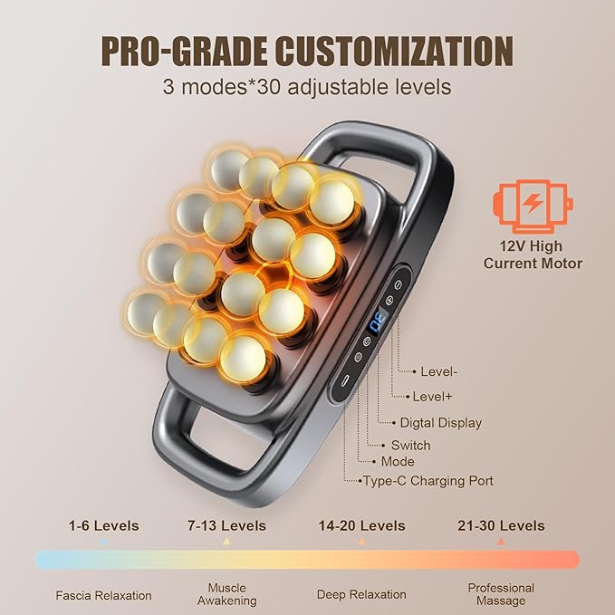16 Head Massage Gun, 【2026 Upgrade】 12V Motor 60kg Deep Tissue Percussion Massager, 30 Intensity Levels & 3 Smart Modes Multi-Head Back Massager for Legs,Back,Arms,Waist Pain Relief