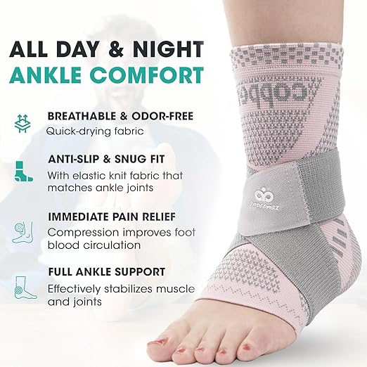 INDEEMAX Ankle Brace for Women & Men, Ankle Compression Sleeve Support Copper Infused Ankle Brace for Sprained Ankle, Plantar Fasciitis Sports, Achilles Tendonitis Pain Relief, Pink Silver, M