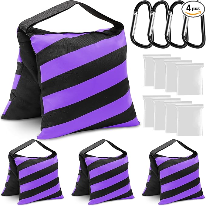 4 Packs Purple Sandbag Weight Bags for Light Stand Photography Video Equipment, Heavy Duty Saddlebags for Backdrop Stand, Photo Tripod, Canopy, Pop up Tent, Umbrella Base, Fishing Chair, Picnic Table