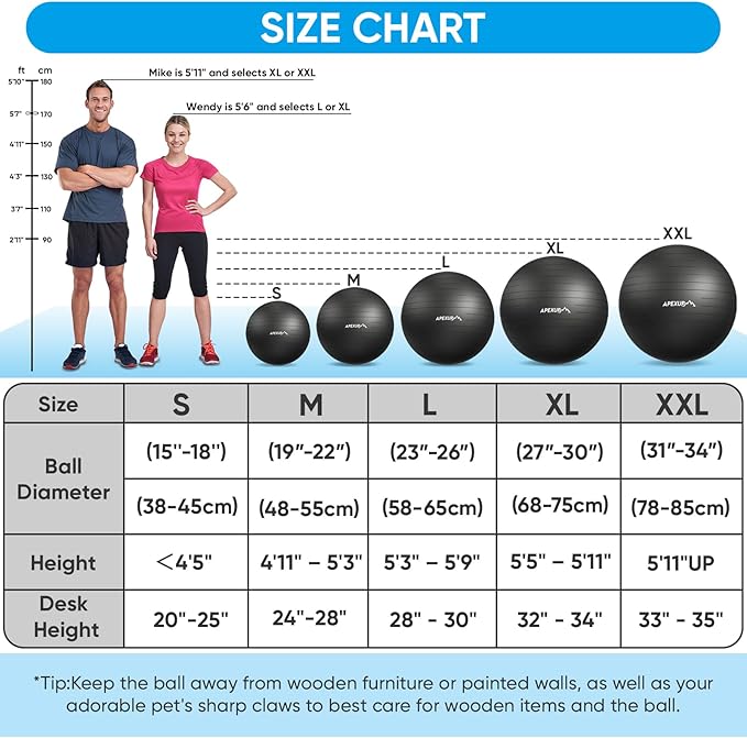 APEXUP Yoga Ball Exercise Ball Anti Slip Heavy Duty for Fitness, Balance & Core Workout, Balance Training, Pregnancy & Physical Therapy, 5 Sizes