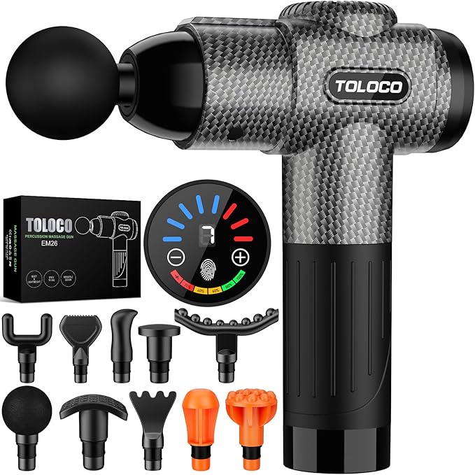 TOLOCO Massage Gun, Deep Tissue Back Massage for Athletes for Pain Relief, Percussion Massager with 10 Massages Heads & Silent Brushless Motor, Mothers Day Gifts, Carbon