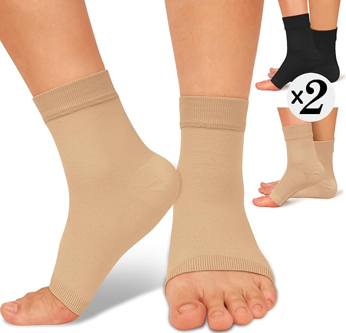 ACTINPUT 2 Pack Ankle Brace Compression Sleeve 8-15 mmHg Open Toe Сompression Socks Women&Men for Swelling,Plantar Fasciitis,Sprain Black/Beige XXL