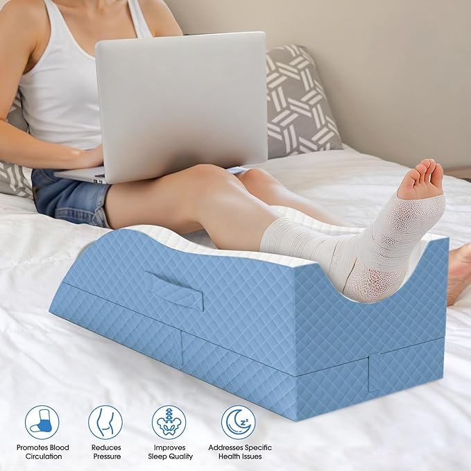 TranquilRelax Elevation Pillows for Leg After Surgery, Memory Foam Adjustable Wedge Pillow for Injury or Rest, Ankle Pillow for Sleeping Blood Circulation Light Blue/Single Leg