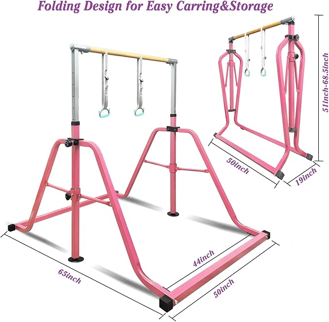 GLANT Gymnastics Bar for Kids with Rings Set, 7 Heights Adjustable Easy Folding Gymnastic Training Bar Kids Monkey Horizontal Bars - Max Load 300LBS
