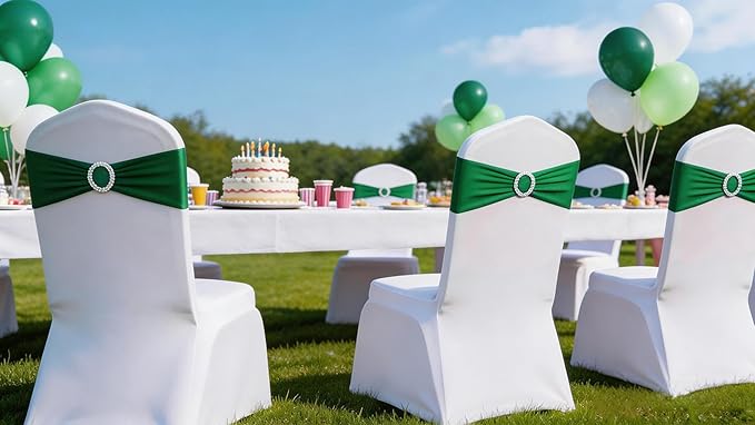 100 Pack Spandex Dark Green Chair Sashes for Wedding - Stretch Chair Bows Bands with Buckle for Party Birthday Banquets Engagement Christmas Events Decorations