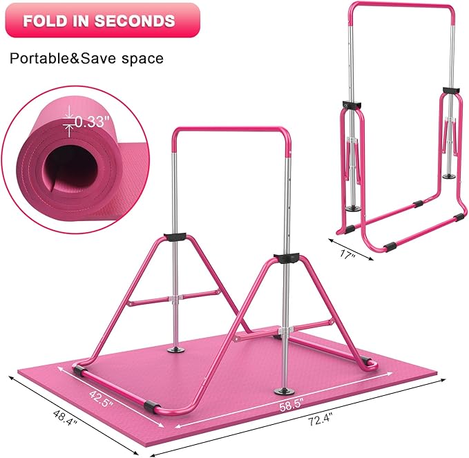 Gymnastic Bars for Kids with Adjustable Height, Folding Gymnastic Training Kip Bar, Expandable Horizontal Bar for Home