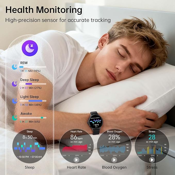 Smart Watch for Women Men, 1.27" AMOLED Screen Smartwatch with Answer/Make Call for iPhone/Android/Samsung, Fitness Tracker with 120+ Sport Modes, Heart Rate/Sleep Monitor, IP68 Waterproof, 2 Bands