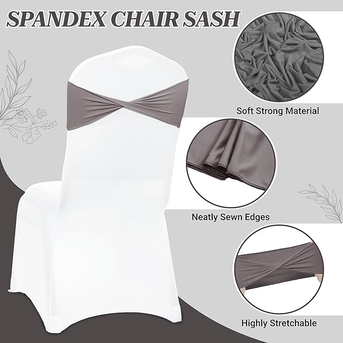 MDS Pack of 10 Spandex Chair Sashes Bows Elastic Stretch Dining Chair Bands Ties Without Slider Buckle Universal fits for Wedding Baby Shower Birthday Party Banquet Event Decoration - Silver Grey