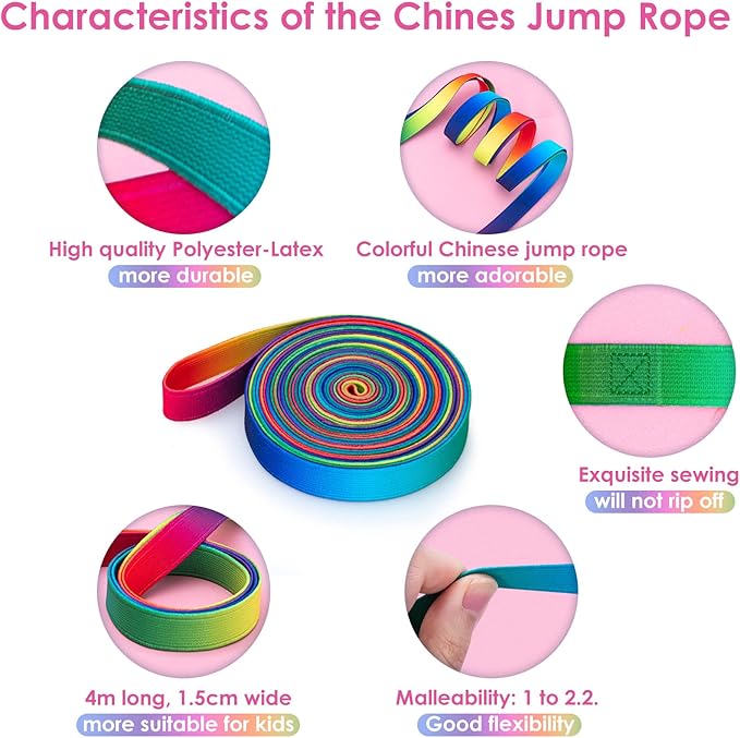 Cikyner Chinese Jump Rope, 4m Long 1.5cm Wide Elastic Chinese Ropes with Instructions French Skipping Rainbow Band for Indoor and Outdoor Children Jumpsies Games, Ideal for Gifts for Girls and Boys