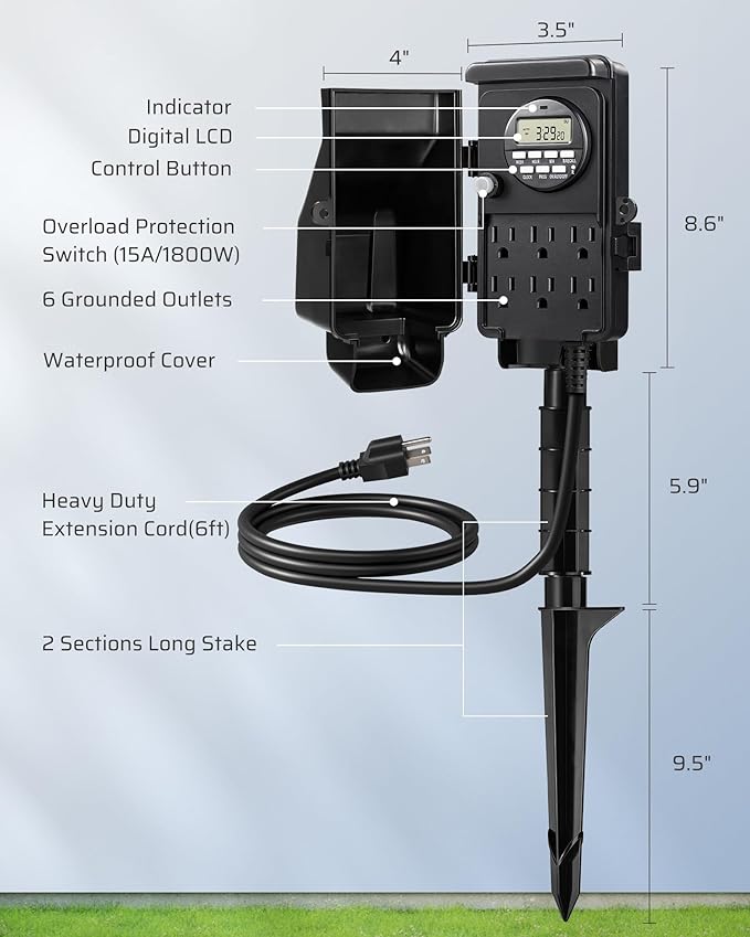 DEWENWILS Outdoor Digital Power Strip Timer, Multi Sockets, Waterproof 6 Outlets Garden Power Stake, 6ft Cord, Digital Timer for Lights, Yard, Garden, 15A Heavy Duty