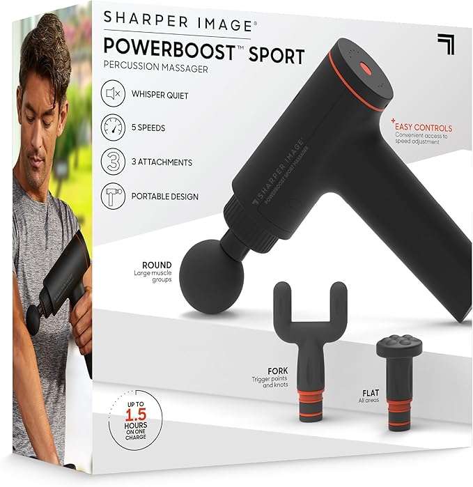 Sharper Image® Powerboost™ Sport Percussion Massager, Lightweight Portable Design with Quiet Drive Technology, Includes 3 Attachments
