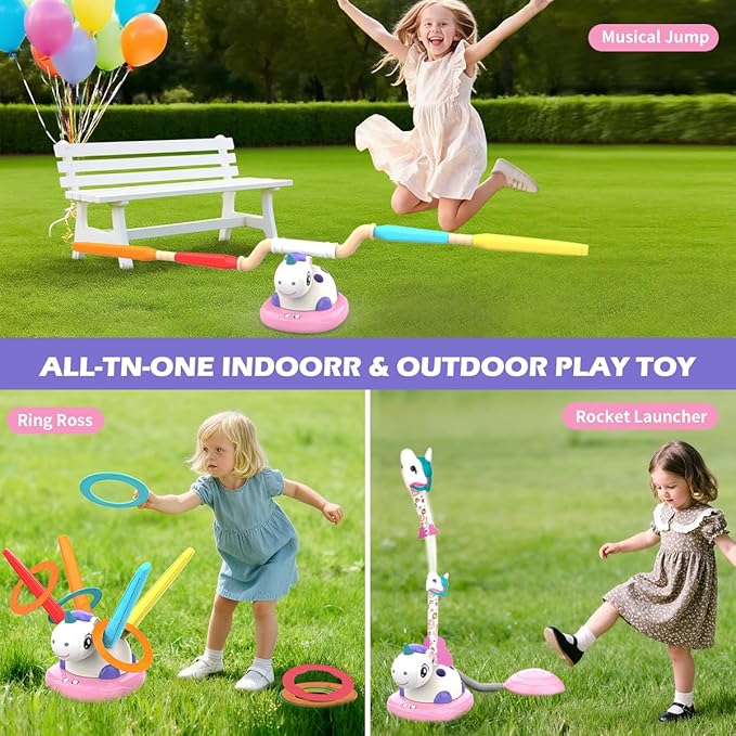 3 in 1 Musical Jump, Toss Ring Game and Stomping Launch Unicorn Rocket Launcher for Kids Outdoor Toys with Remote Control, Indoor Outside Toy for Kids Ages 3-8