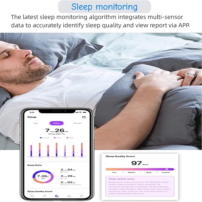 Smart Ring Health Tracker for Women Men, 24/7 Health Monitor(Heart Rate/Blood Oxygen/ HRV/Stress/Sleep Tracker) Waterproof Multisports Fitness Ring with Dedicated APP No Subscription Fee (Black, 8#)