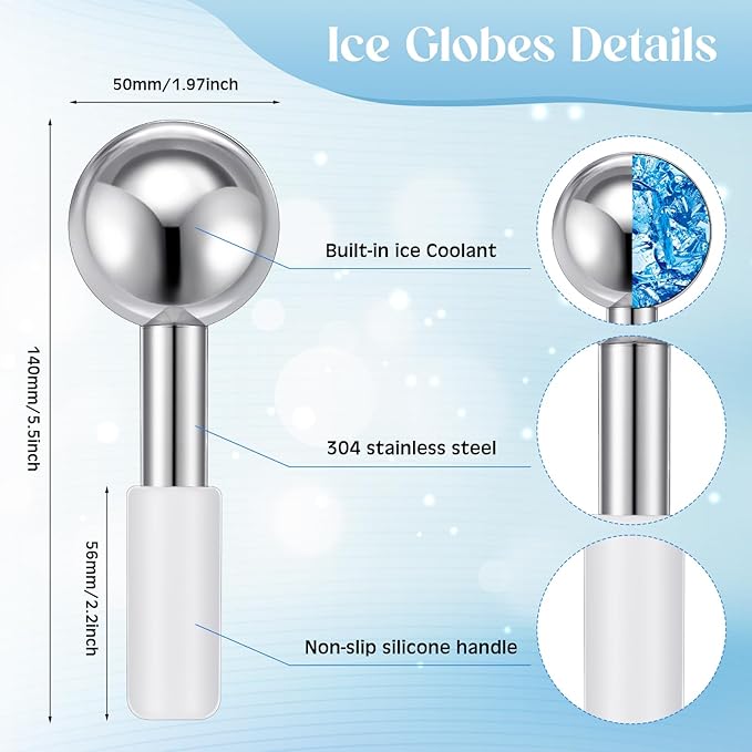 Baderke 2 Pcs Ice Globes for Face Stainless Steel Cooling Globes Unbreakable Cooling Roller Women Ice Balls Cryo Sticks Facials Skin Care for Dark Circles, Puffiness(Silver (White Handle))