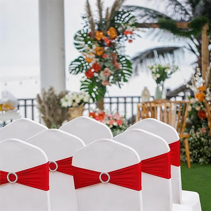 Wedding Red Chair Sashes 100 Pack Spandex Chair Bows Bands with Buckles for Party Birthday Bridal Shower Engagement Banquets Anniversary Christmas Outdoor Events Decorations (Red)