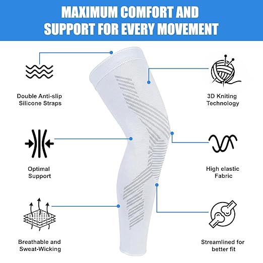 NuCamper Full Leg Compression Sleeves for Men and Women,2 Pack Legs Sleeves Long Knee Brace Support for Running, Basketball, Cycling, Workout, Sports - White,3XL