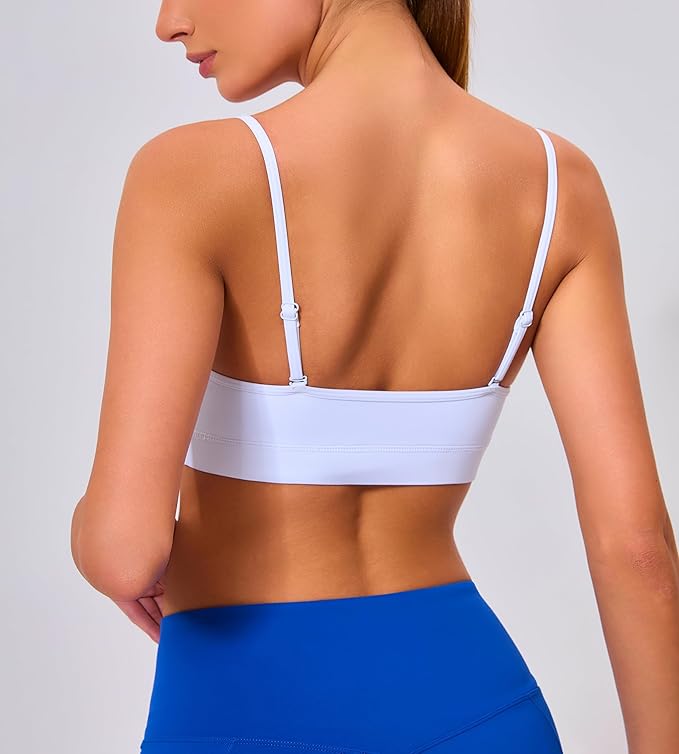 Oalka V Neck Sports Bra for Women Adjustable Padded Thin Straps Wireless Yoga Bras