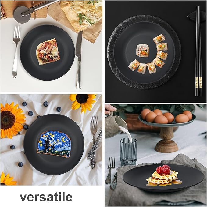 Wrova Wheat Straw Dinner Plates 9 Inch Unbreakable Set of 8 - Dishwasher & Microwave Safe Plastic Plates Reusable - Lightweight Plates for Kitchen,Camping,Apartment,Dorm,RV - Pure Black