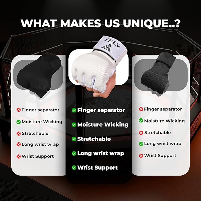 WYOX Gel Boxing Hand Wraps Inner Gloves for Men & Women – 80cm Quick Wrist Strap, Padded Knuckle Support, Fingerless MMA Muay Thai Kickboxing Wraps for Training, Punching & Martial Arts