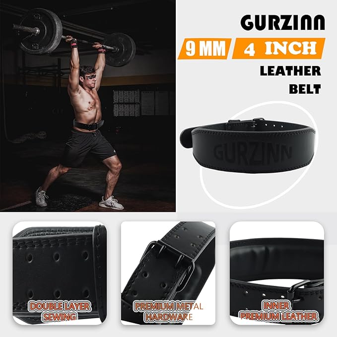 9mm Leather Fitness Weight Lifting Belt for Women&Men with 4 Inches Padded Lumbar Support for Power Lifting Workout & Squats Exercise