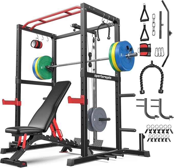 Sportsroyals Squat Rack, LAT Power Cage, Power Rack Multi-Function with Pulley System and Training Attachments for Home Gym