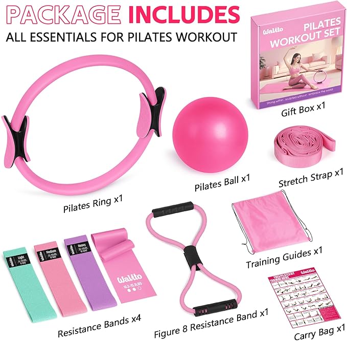 WALITO Home Pilates Kit for Women,Pilates Ring Set with Magic Circle,Resistance Bands,Figure 8 Workout Bands,Mini Ball, Compact Toning Fitness Essentials Starter Set Accessories Gift
