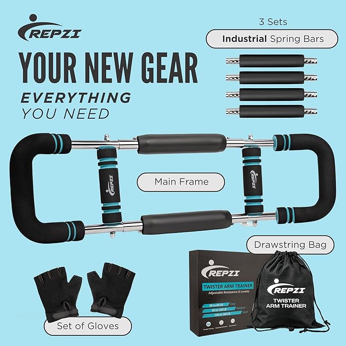 Premium Twister Arm Trainer by REPZI for Chest Workout Equipment 30 to 160 lb, Adjustable 3 Resistance Levels Arm Trainer for Men & Women, Home Gym Upper Body Workout Equipment with Gloves & Carry Bag