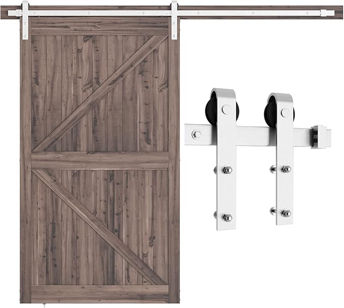 SMARTSTANDARD 8 Feet Brushed Nickel Barn Hardware Kit-Heavy Duty Sliding Track-Smoothly and Quietly-Easy to Install-Fit 42"-48" Wide Door Panel (J Shape Hanger)
