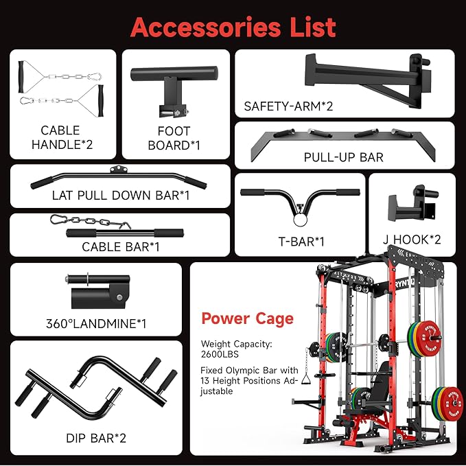 Smith Machine, 2600 LBS Capacity Power Rack for Home Gym Garage, All-in-One Power Cage with Cable Crossover, Heavy-Duty Squat Rack with LAT Pulldown & Pull-Up Bar, 84'' Home Gym Equipment