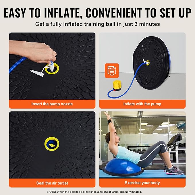 VEVOR Half Exercise Ball Trainer, 23/26 inch Balance Ball Trainer, 1500lbs Capacity Stability Ball, Yoga Ball with Resistance Bands & Foot Pump, Strength Fitness Ball for Home Gym Full Body Workout