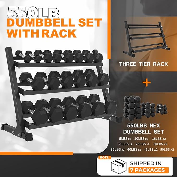 Mikolo Dumbbell Sets with Rack, Rubber Hex Dumbbells, Multiple Choices in 160/200/380/450/550LB, Hand Weights with Chrome Handle for Strength Training