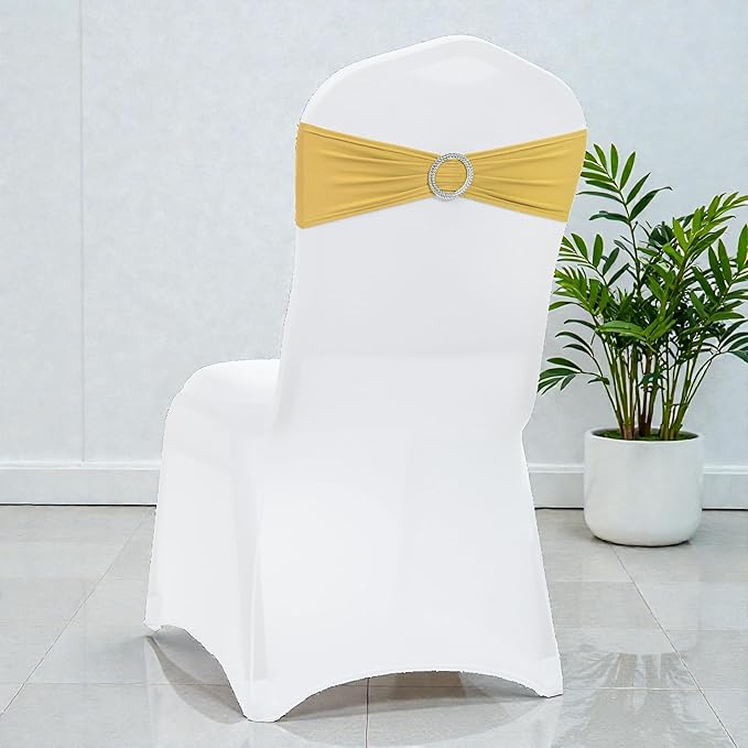 MDS Pack of 150 Spandex Chair Sashes Bows Universal fits Elastic Stretch Chair Bands Ties with Buckle Slider Bow for Wedding Decoration Spandex Slider Sashes Bow - Gold